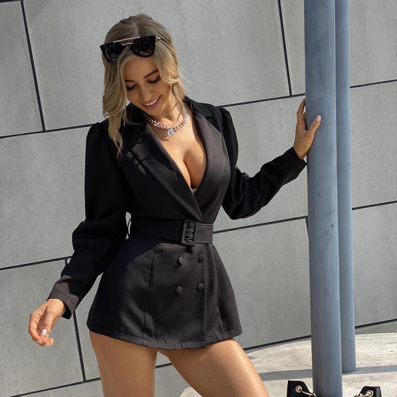 Women Blazer Deep V Neck Long Suit Double Breasted Ladies Black Coat Belt Women's Slim Jacket 210524