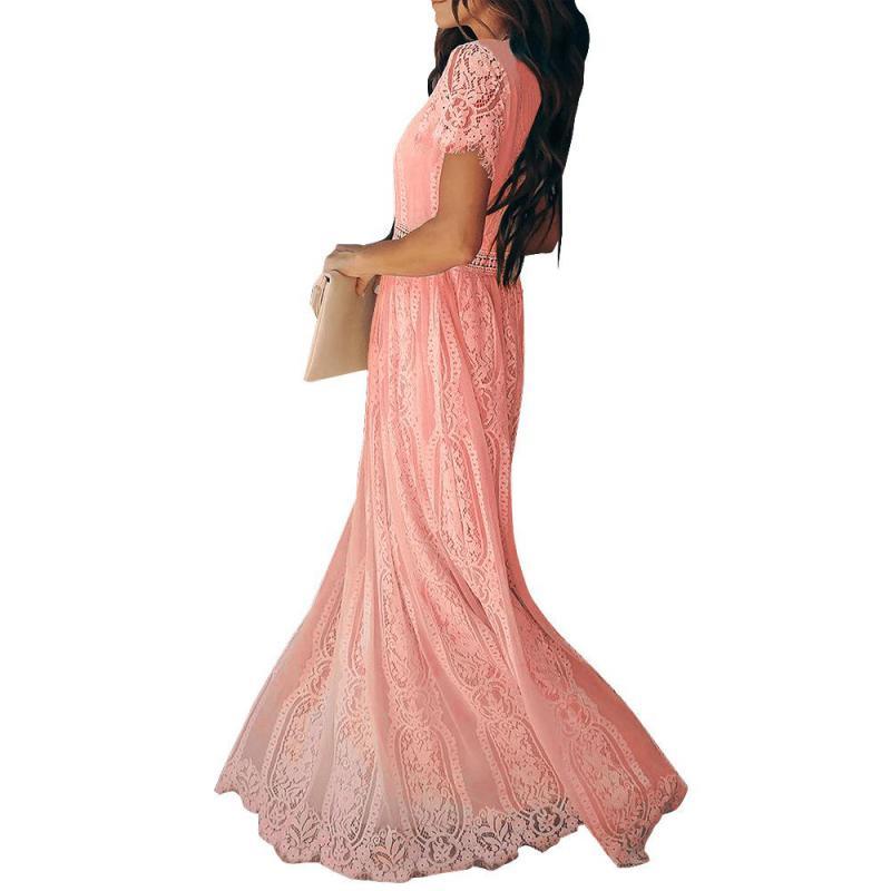 Z-ZOU Women Dress V Neck Short Sleeve Lace Temperament Maxi es Hollow Out Loose Leisure Plus Size es Pink 210513