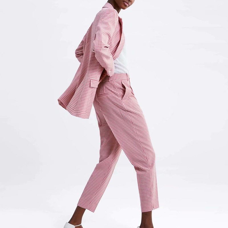 2pcs Spring Autumn Women Blazers suits Fashion Pink Plaid ladies Office TopPant Elegant Girls Suit Causal Outfits Suit 210331