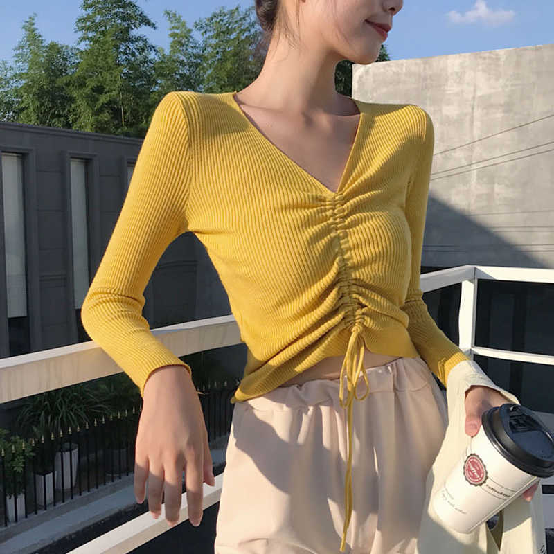 Sexy lace up knitting pullover top Fashion autumn winter sweater women Chic pink V-neck knit slim jumper pull femme 210914