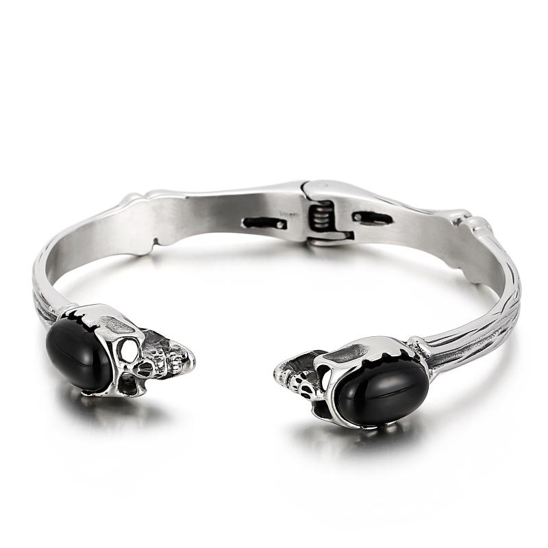 Bangle 316L Stainless Steel Skull Cuff Men With Black Gemstone