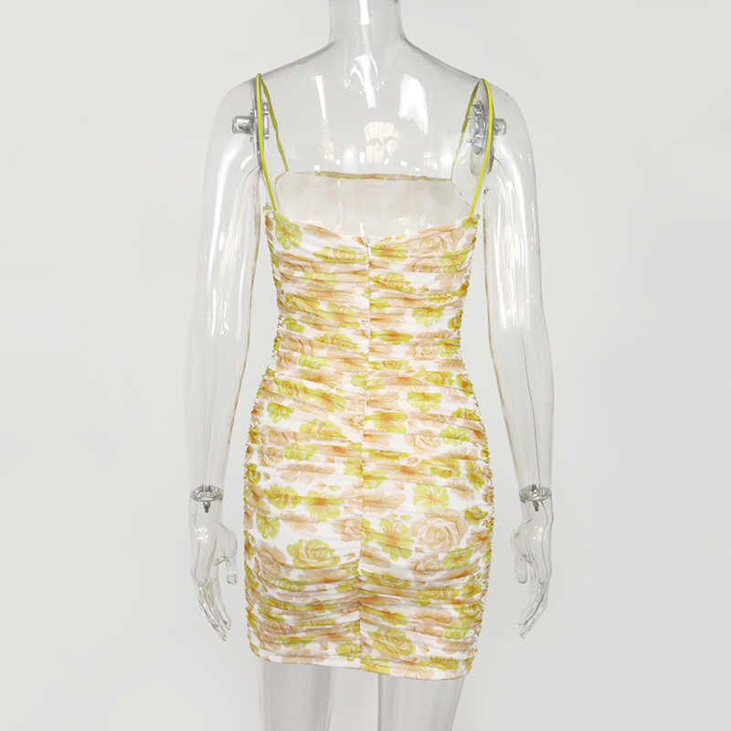 Colysmo Summer Mesh Mini Dress Women Spaghetti Straps Ruched Bodycon Club Party Dresses Blue Floral Print Beach Vestidos 210527