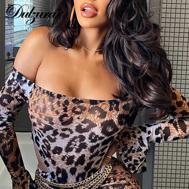 Dulzura leopard women two piece thong bodysuit leggings set long flare sleeve off shoulder elegant bodycon sexy streetwear club Y0625