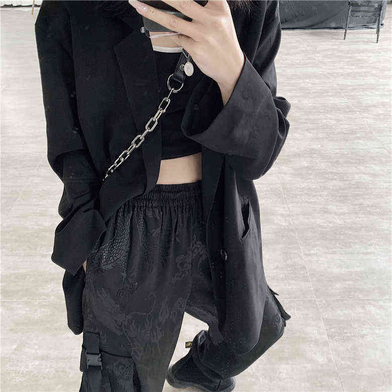 Harajuku Dragon Embroidery Soft Cargo Pants Women Side Pocket Rock Loose Elastic Waist Trousers Female 211115