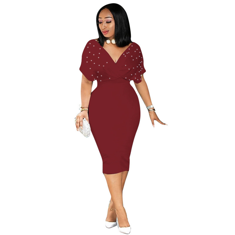 Summer Women's Plus Size Dresses Loose Bat Short Sleeve Pearl Dress Sexy Deep V Neck Elegant Dress Party Wholesale Dropshipping 210409