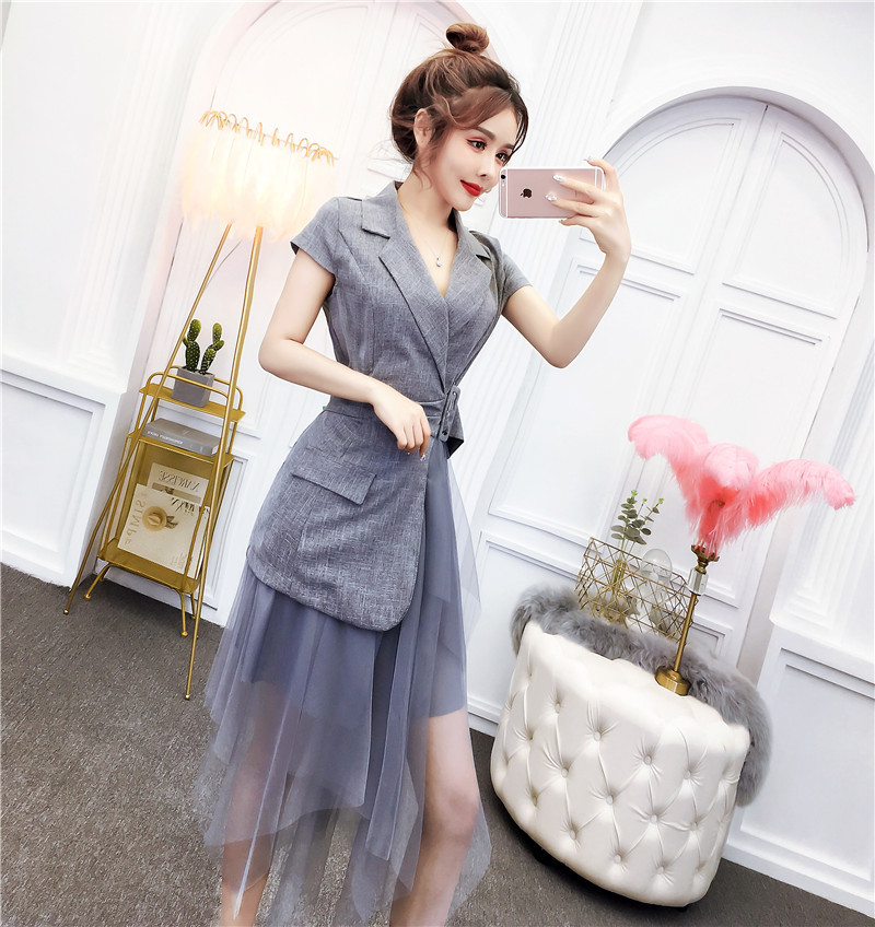 Fashion Summer Women Dress Elegant Lady Notched Collar Patchwork Mesh Irregular Office OL Party Female Belt 210519