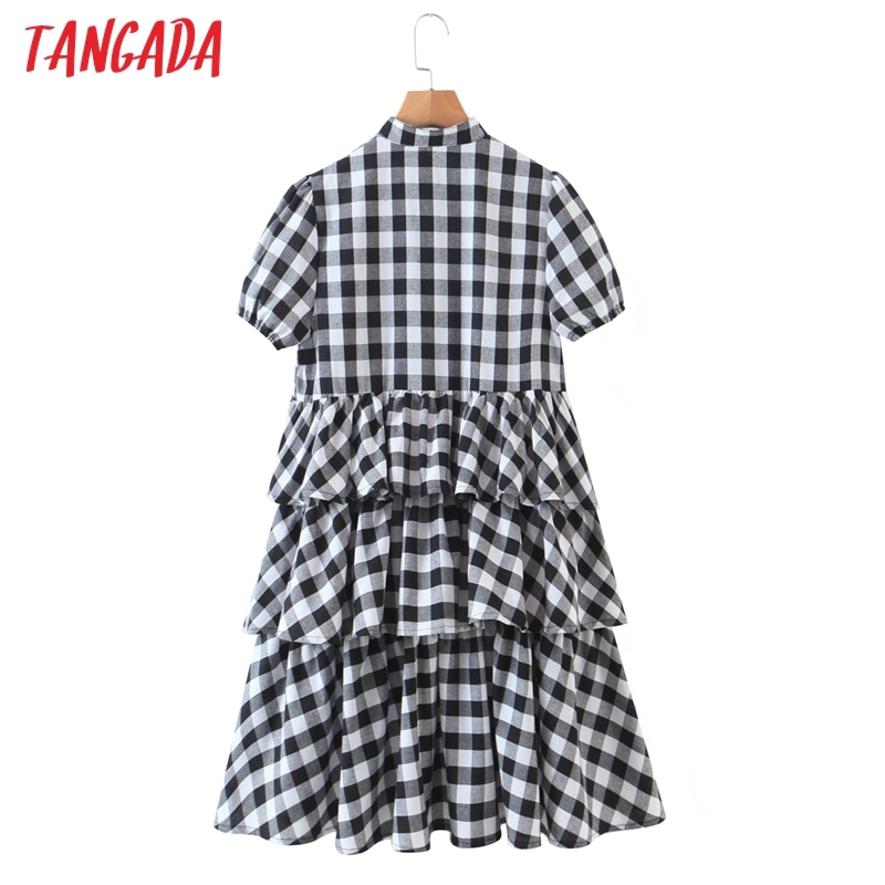 Summer Women Plaid Print Shirt Short Sleeve Ruffles Ladies Mini Dress Vestidos QW92 210416