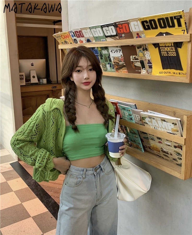 MATAKAWA 2 Piece Set Women Green Hollow Out Knitted Cardigan Spring Cropped Camisole Short Tops Long Sleeve Camis Ribbed Suit 210513
