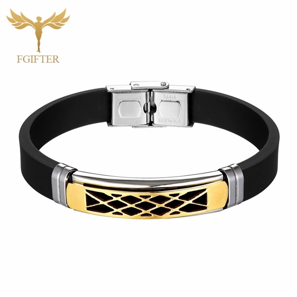 FGifter Fashion Golden Stainless Steel Cuff Bracelet Black Silicone Bracelet Ladies Men Girls Boys Jewelry Accessories Gifts X0706