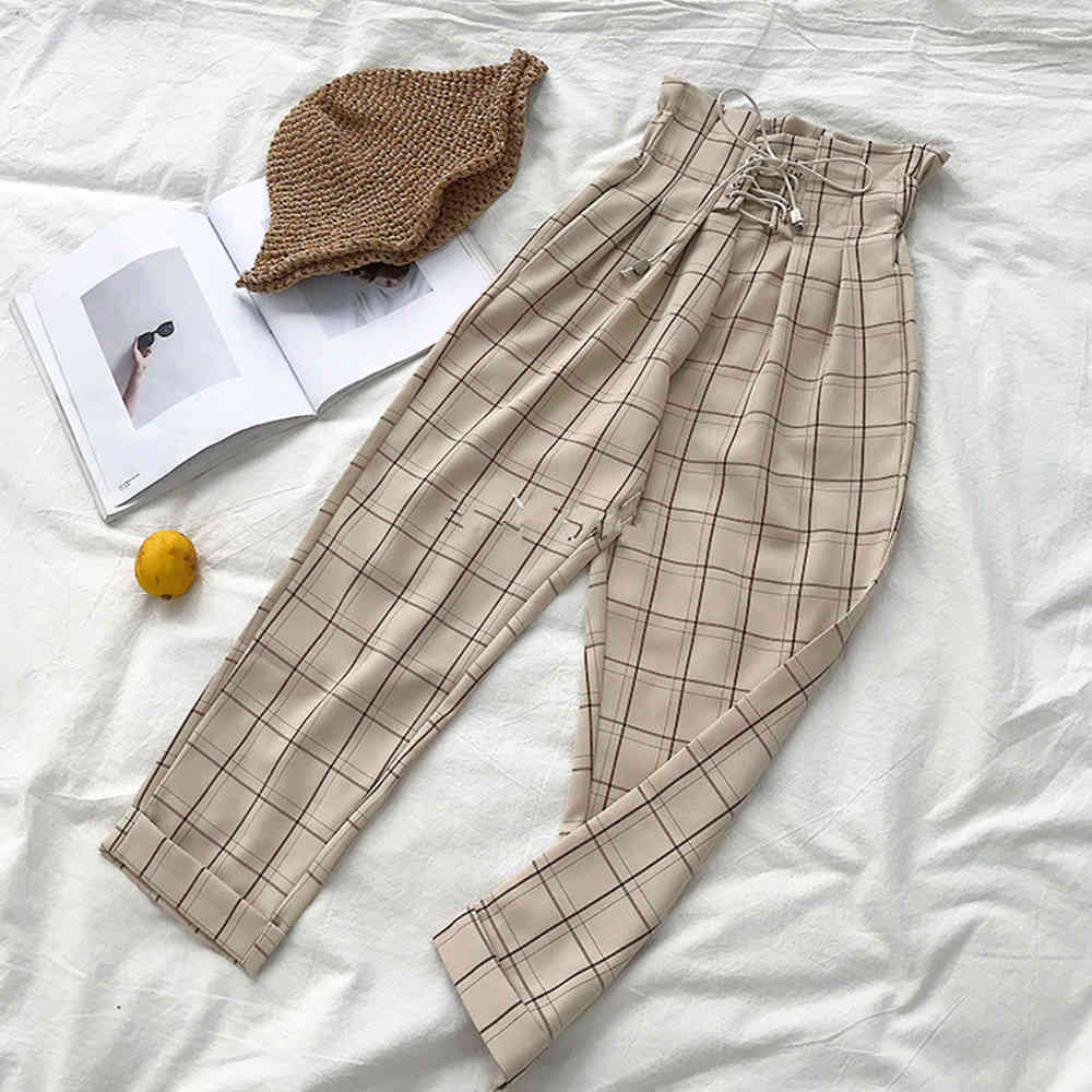 Japanese Harajuku Casual Pants Women Fashion Lace Up High Waist Ankle Length Loose Plaid Harem 210428