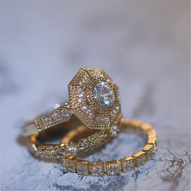 Choucong Brand Wedding Rings Top Sell 3Pcs Vintage Jewelry 925 Sterling Silver&Gold Fill Round Cut White Eternity 3A Cubic Zircon Women Bridal Ring Se