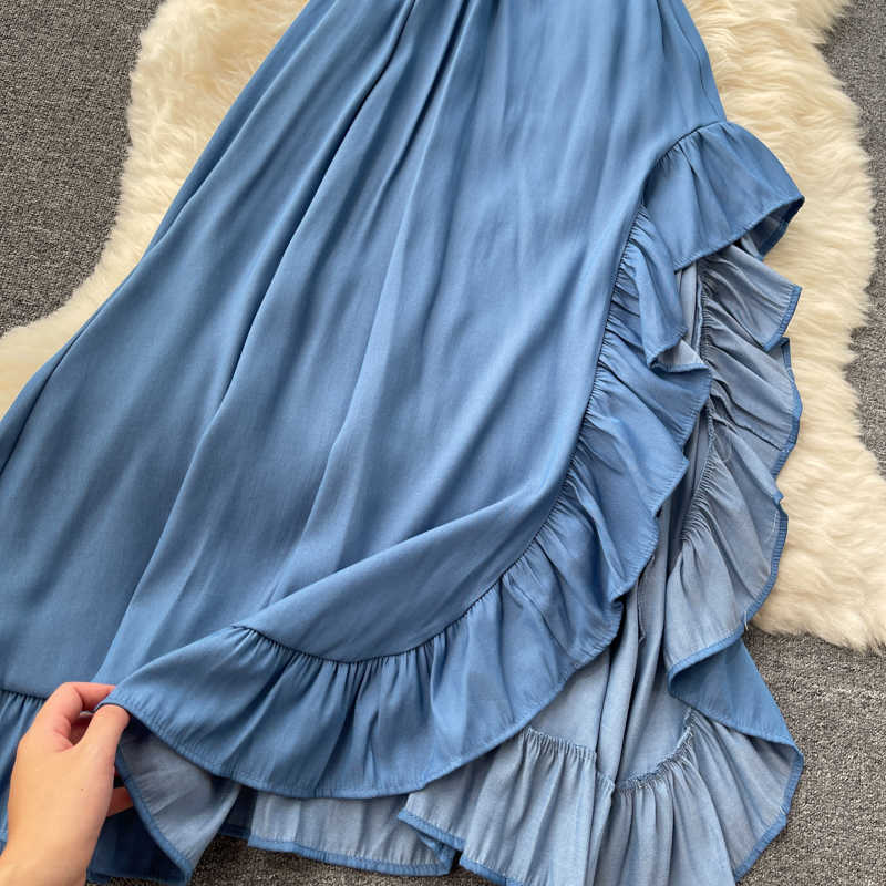 DEAT Women Ruffles Asymmetrical Strap Dress Sleeveless Arrivals Lady Temperament Fashion Spring Summer 11D568 210709