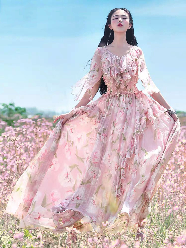 Sweet Blush Pink Floal Printed Women Dresses To Birthday Party Pretty Ruffles Tiered Tulle Mini School Dress 210421