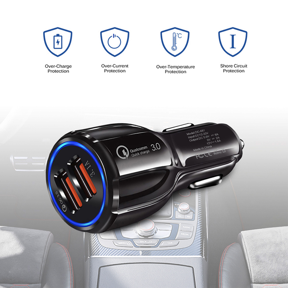 QC3.0 Dual USB Auto Charge 5V3A Turbo Fast Charging Mobile Phone Charger For iPhone Xiaomi Car Adapter