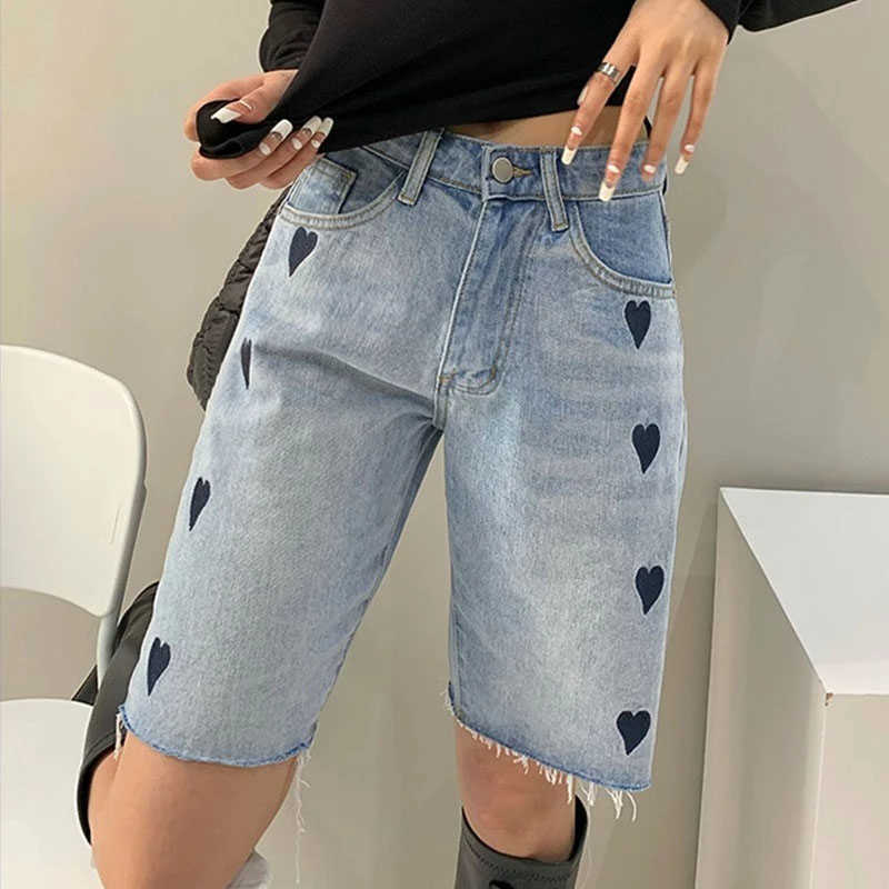 Genayooa Streetwear Denim Shorts Women Print Heart Chic High Waist Biker Jeans Feminino Summer Korean Style Ladies 210714