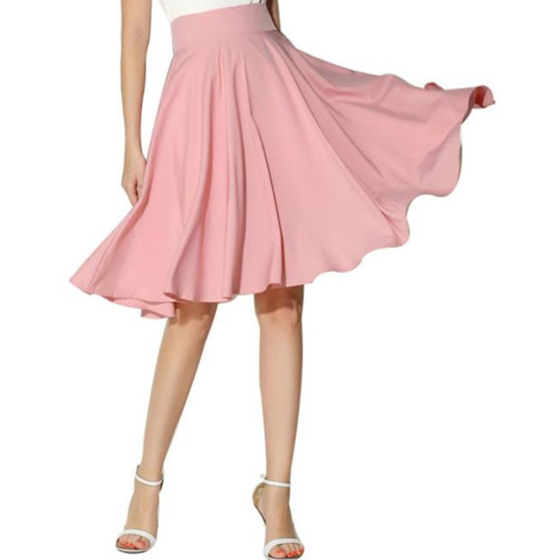 New Fashion Women Solid Knee-Length Big Swing Umbrella Skirt High Waist Vintage Ladies Midi Saia Skater Skirt 210408