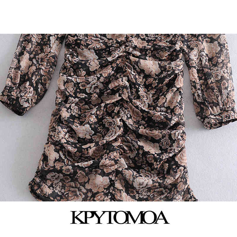 Women Fashion Metallic Thread Floral Print Pleated Mini Dress Long Sleeve With Lining Female Dresses Mujer 210420