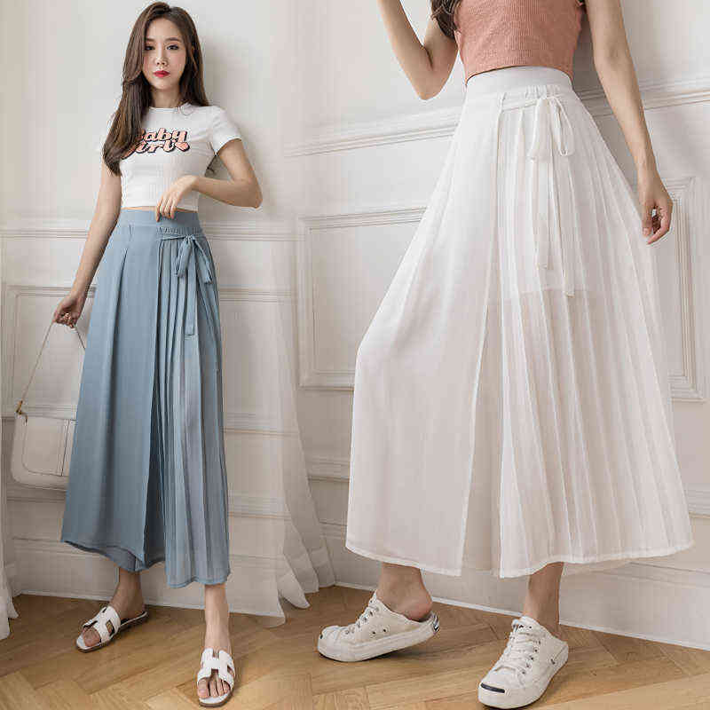 Spring And Summer Style Korean Pleated Chiffon Trousers Large Size Elastic Waist Casual Pants Hakama Woman 211115