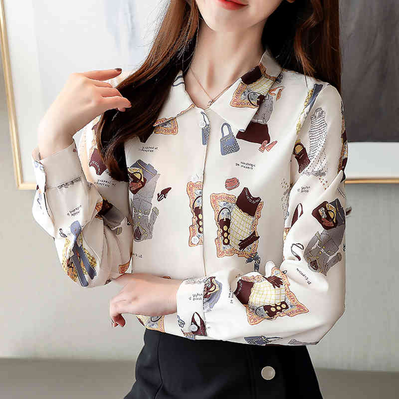 Korean Styele Women Blouses and Tops Blusas Mujer Chiffon Blouse Print Button Long Sleeve Shirts for 7129 50 210506