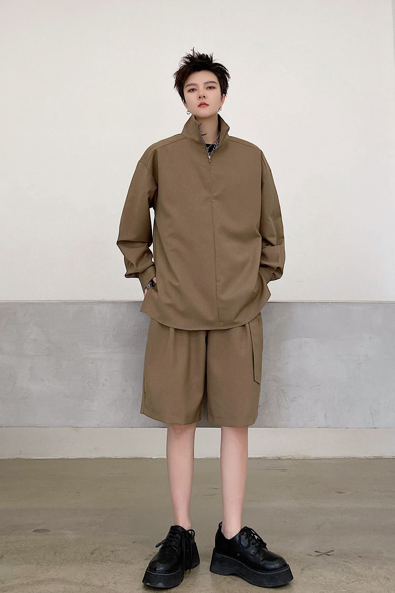 IEFB Spring Men's Wear Stand Collar Zipper Loose Causal Pullover Long Sleeve Shirt + Shorts With Belt Suit Two Pieces Set 210524