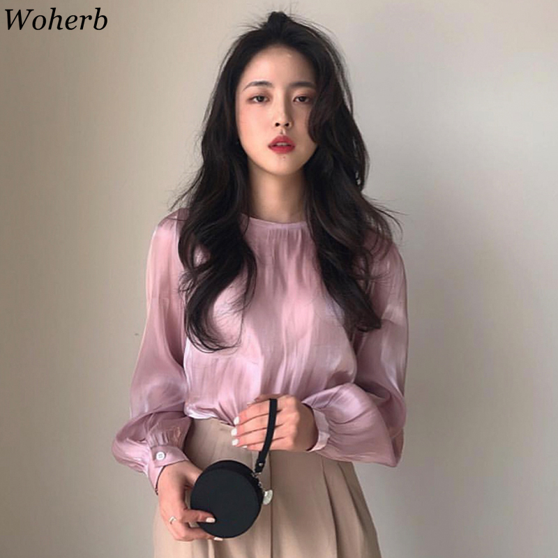 See Through Shirts Women Spring Summer Solid Long Puff Sleeve Ladies Blouses Loose Casual Female Tops 210519