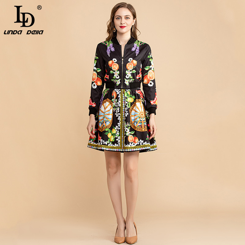Summer Fashion Skirt Suit Women Elegant Black Jackets and Lemon Flower Print Vintage Mini Skirts 2 Piece Set 210522