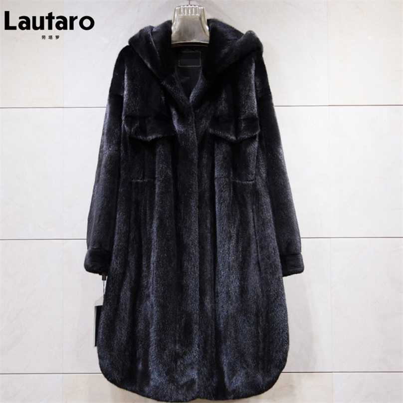 Lautaro Winter Long Black Thick Warm Faux Mink Fur Coat Women with Hood Long Sleeve Korean Fashion Fluffy Jacket One Size 211123