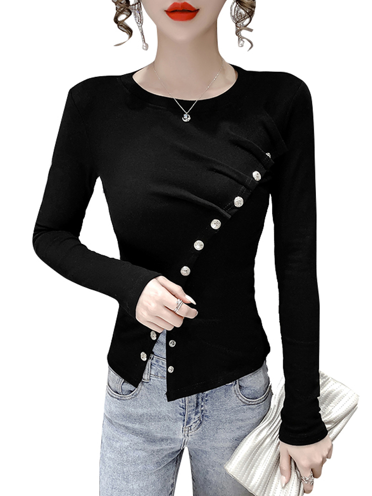 Kimutomo Irregular Long Sleeve T-shirt Spring Chic Fashion Ladies O-neck Oblique Buttons Split Slim Tops Knitwear Elegant 210521