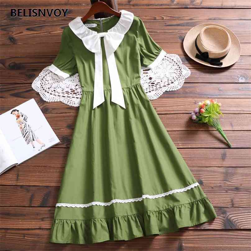 Japanese Preppy Style Summer Green Loose Dresses Women's Bow Peter Pan Collar Sweet Girls Kawaii Lace Ruffles Midi Dress 210520
Japanese Preppy Style Summer Green Loose Dresses Women's Bow Peter Pan Collar Sweet Girls Kawaii Lace Ruffles Midi Dress 210520