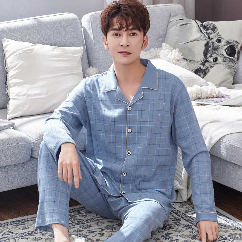 Winter 100% Cotton Pajamas For Men Blue Sleepwear Fashion Warm Pyjama Homme Cotton Pijamas Hombre Invierno Cotton Plaid Pyjamas 210812