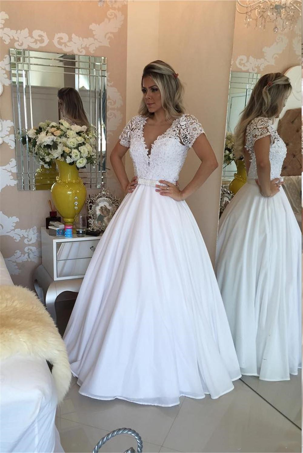 Elegant Sleeve Prom Dress A-Line Lace With Pearls Bow White V Neck Short And Long party Evening Gowns