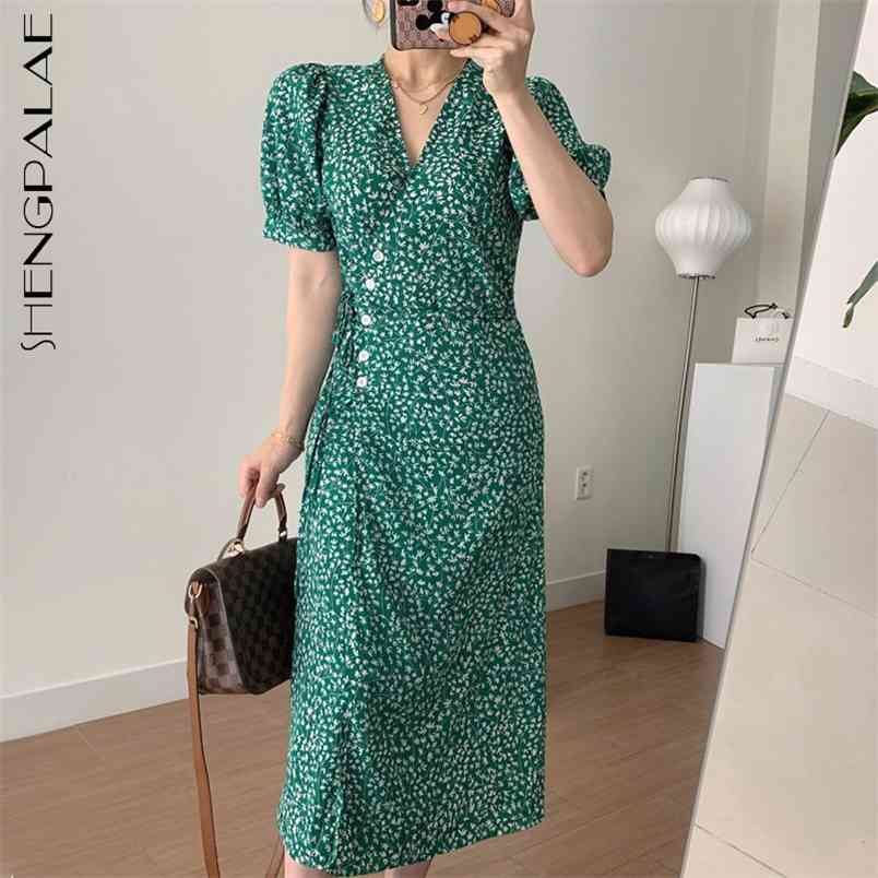 SHENGPLLAE Elegant Floral Dress Women's Summer V-neck Cross Single Breasted Lace Up Waist Short Sleeve Dresses 5C696 210427