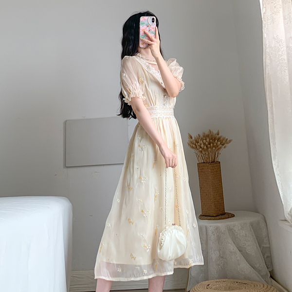 Women Retro Embroidery Floral Fairy Dress Vestido Summer Elegant Chiffon Short Sleeve High Waist Party Dresses Femme 210519