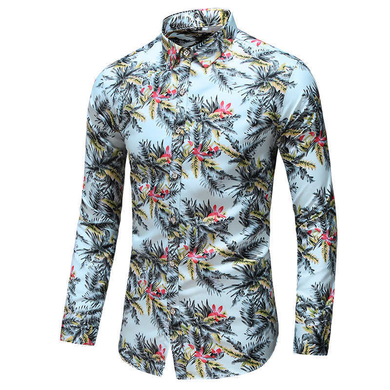 Plus Size 5XL 6XL 7XL Long Sleeve Flowers Shirts Autumn Men's Button Down Social Hawaiian Floral Shirt Business Shirts 210528