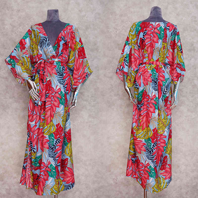 Bohemian Printed Kaftan Women Beachwear Tunic Beach Cover up Saida de Praia Swimsuit Bikini Cover-ups Pareo Sarong #Q944 210420