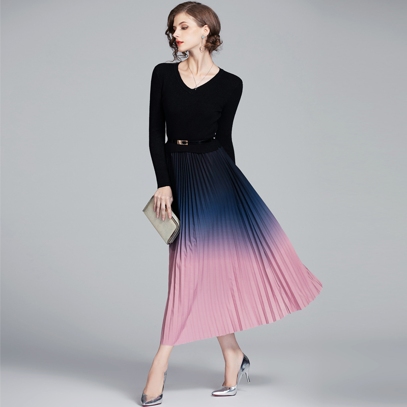 Autumn Winter Elegant Knitted Patchwork Gradient Pink Pleated Dress Women Long Sleeve Office Party Sweater Dresses With Belt 210525, Black
Autumn Winter Elegant Knitted Patchwork Gradient Pink Pleated Dress Women Long Sleeve Office Party Sweater Dresses With Belt 210525, Black
