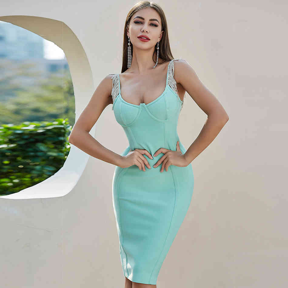 Summer Women Sleeveless Bodycon Bandage Dress Sexy Spaghetti Strap Tassel Celebrity Runway Club Party Dresses Vestidos 210423