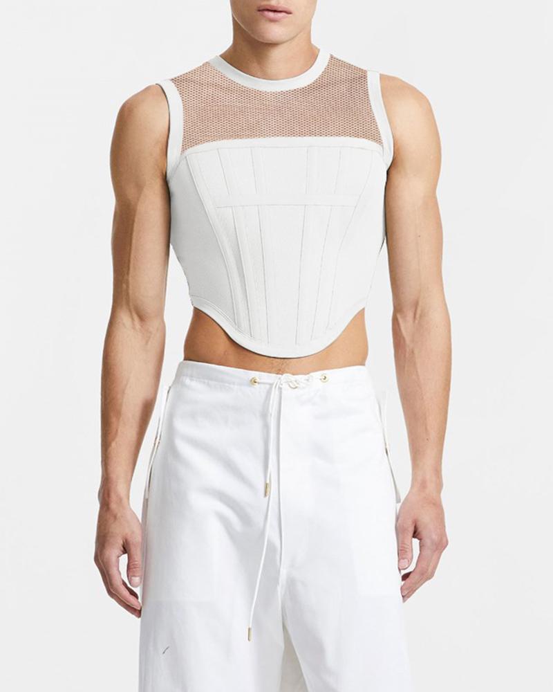 Men's Tank Tops Men Top Slim Fit Casual Ribbed Sleeveless T-Shirt Beach Solid Color Splicing Fishnet Drop