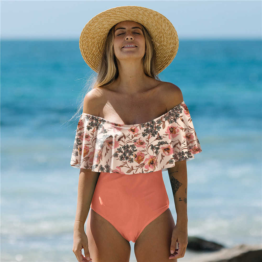 Swimsuit Swimwear Women Print Ruffle Bodysuit Monokini Female Padded Bathing Suits Beach Wear Summer 210611