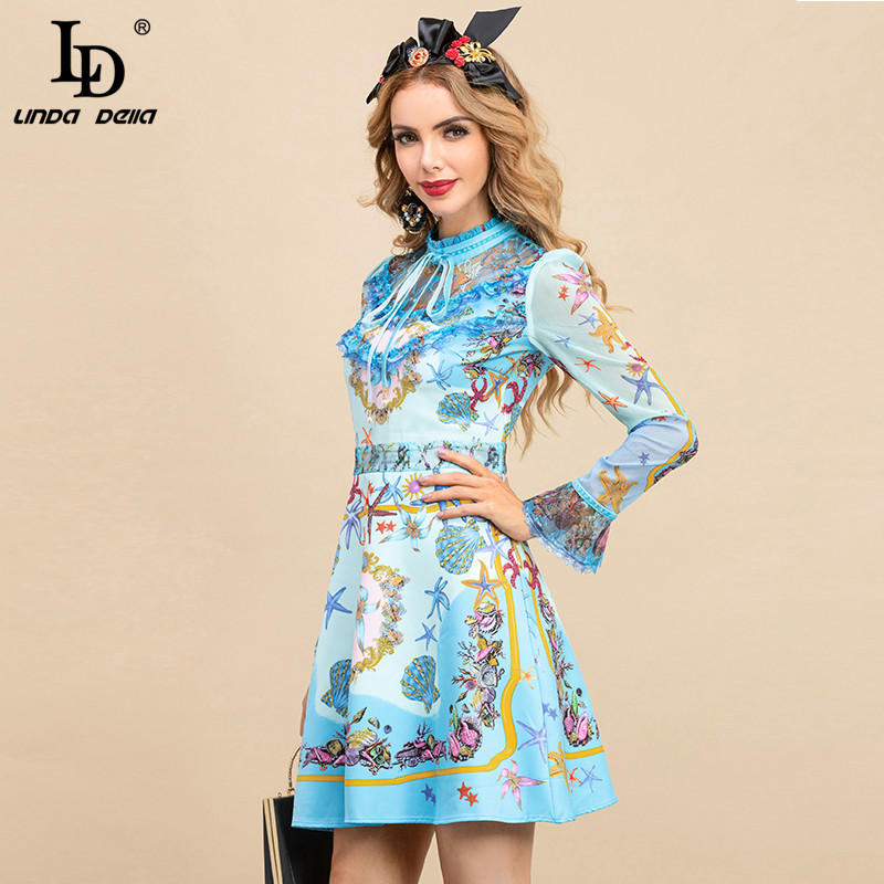 Summer Fashion Runway Dress Women Long Sleeve Lace Patchwork Elegant Blue Underwater World Print Short Dresses 210522
