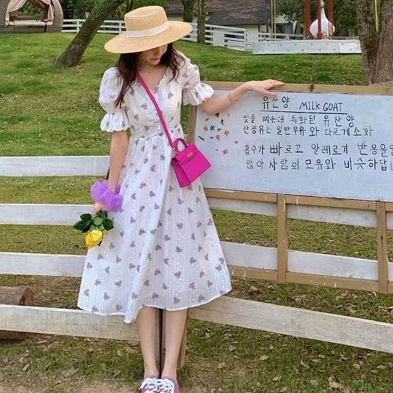 Summer Sweet Elegant Dress Women Short Sleeve Chiffon Floral Dress Party Beach Casual Dress Kawaii Korean Style Office Lady 210521