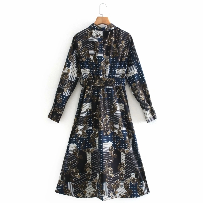 Women Vintage Patchwork Printing Sashes Midi Shirt Dress Female Long Sleeve Clothes Casual Lady Loose Vestido D6911 210430Z