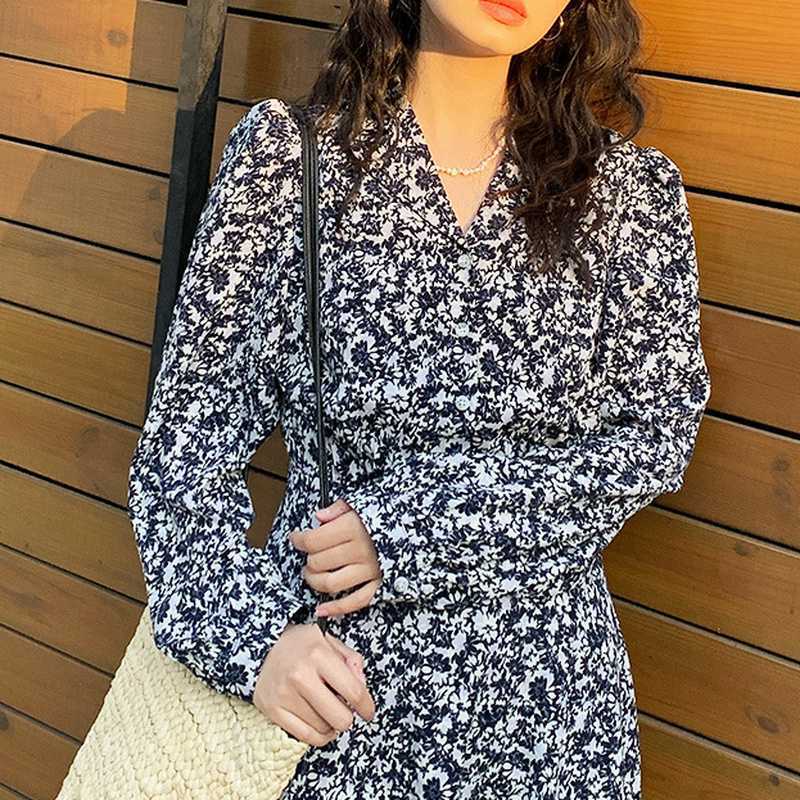 Elegant Office Lady Chiffon Print Dresses for Women High Waist Long Sleeve Dress Fashion Temperament Vestido Feminino 210525