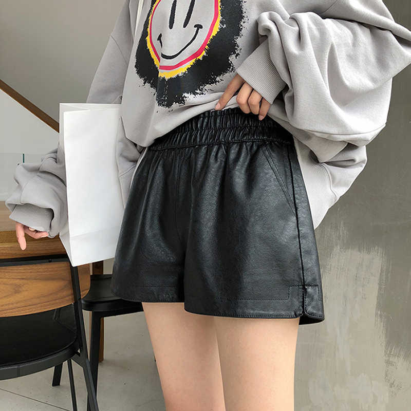 Khaki PU Leather Shorts Women High Quality Wide Leg Faux Waist For Autumn Loose 210714