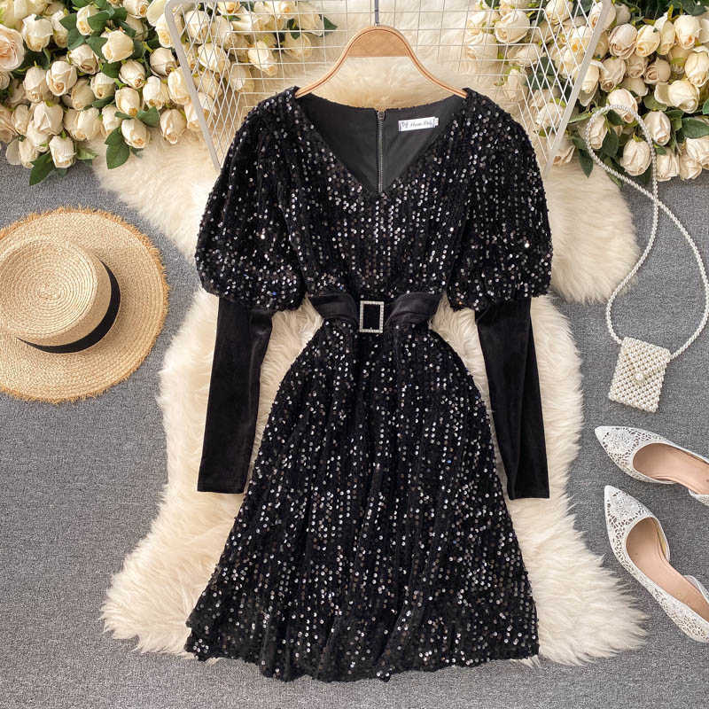 Lady Fashion Bling Glitter Mini A-line Dress Women Autumn and Winter Long Sleeve Slim Elegant Vestidos Q436 210527
