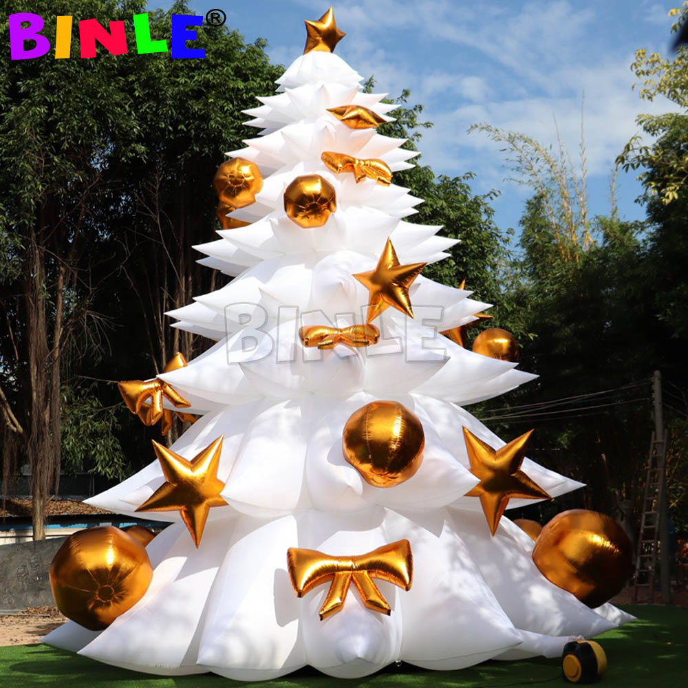 8m Tall LED Lighted Lage White Inflatable Christmas Tree With Golden Balls,Holiday Ornaments Balloon For Outside Night Show