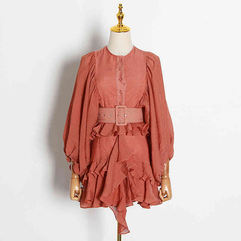 TWOTWINSTYLE Vintage Patchwork Ruffles Women Dresses O Neck Lantern Long Sleeve High Waist With Sashes Dress Female Fashion Tide 210409