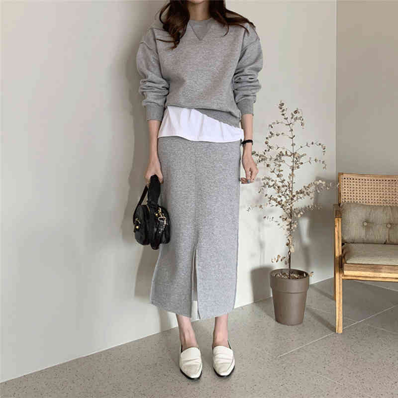Colorfaith New Autumn Winter Women Sets Two Pieces Pullovers And Skirts Split Pockets Minimalist Style Ladies Sets WS9807 210413