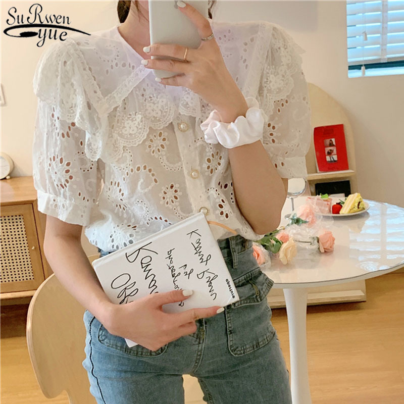 Lace Embroidery Blouse Women French Retro Hollow Out White Shirt Female Elegant Short Sleeve Top 13609 210427