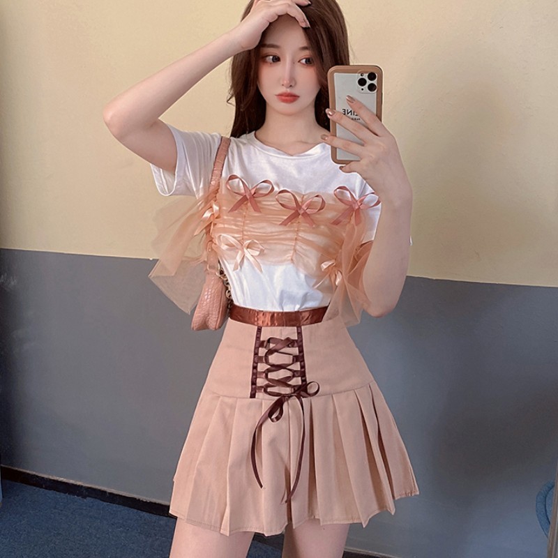 Summer Women 2 Piece Set Elegant Sweet Bow Mesh Patchwork T-Shirt + High Waist Mini Pleated Female Student Suit 210519